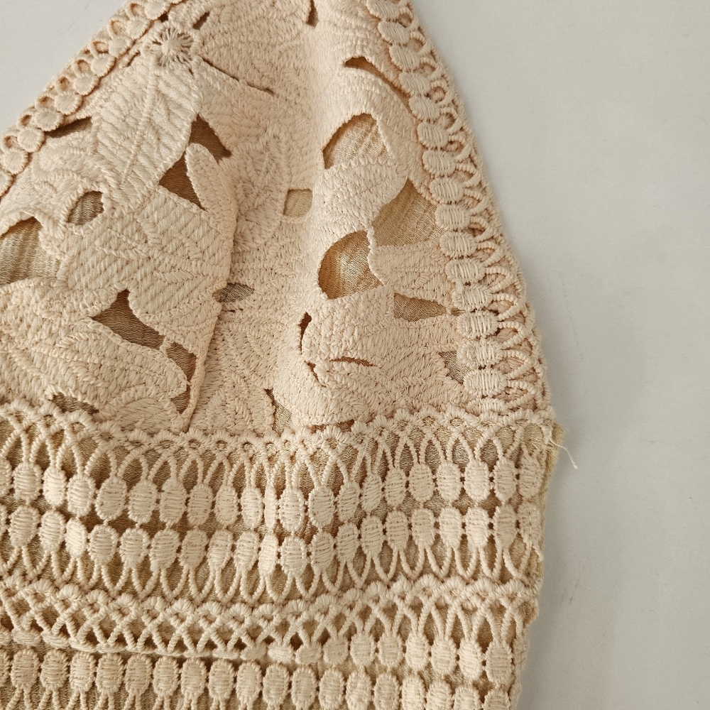 Love Tree Large Beige Crochet Lace Tiered Mini Dress Boho Sun Dress Open Back - Picture 5 of 9